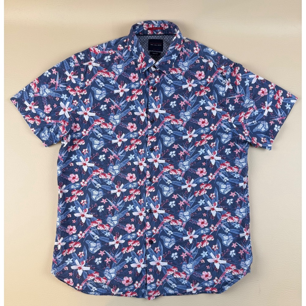 Tropical Floral Butterfly Button Down Shirt Large Denim &‎ Flower